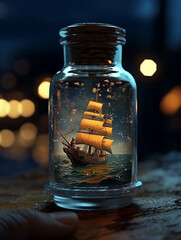 Sticker - Hyper - realistic and over - detailed small pirate ship sailing on a high wave in a glass bottle,Generative AI