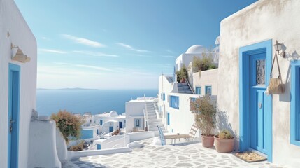 Illustration of a charming Santorini white and blue houses with blue doors and windows created with Generative AI technology