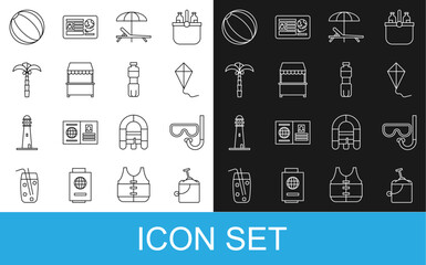 Poster - Set line Sand in bucket with shovel, Diving mask snorkel, Kite, Sunbed umbrella, Street stall awning, Tropical palm, Beach ball and Bottle of water icon. Vector