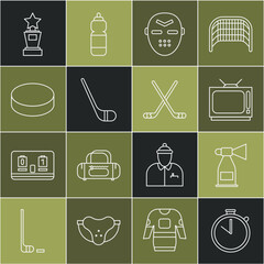 Poster - Set line Stopwatch, Air horn, Retro tv, Hockey mask, Ice hockey stick, puck, Award cup and sticks icon. Vector