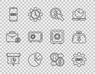 Poster - set line graph, chart, diagram, infographic, seo tag with gear wheel, cursor and coin, pie, mobile p
