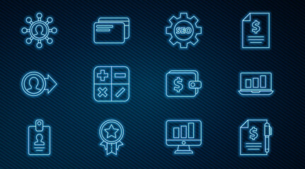 Poster - Set line Contract money and pen, Laptop with graph chart, Seo tag gear wheel, Calculator, Job promotion, Business network communication, Wallet dollar and Credit card icon. Vector
