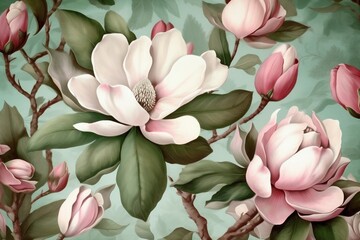 Wall Mural - decoration magnolia drawing watercolor wallpaper floral leaf pattern background flower seamless. Generative AI.