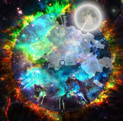 Poster - moon in fantasy space with clock face