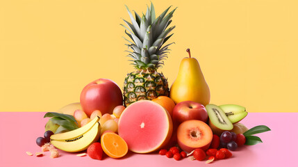 Wall Mural - Many different fresh fruits on light pink background