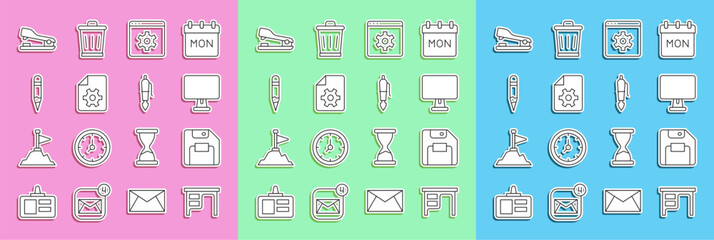 Poster - Set line Office desk, Floppy disk, Computer monitor, Browser setting, Document settings, Pencil, Stapler and Fountain pen nib icon. Vector