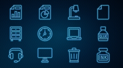 Poster - Set line Inkwell, Glue, Table lamp, Clock, Archive papers drawer, Document with graph chart, Laptop and icon. Vector