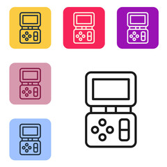 Wall Mural - Black line Portable tetris electronic game icon isolated on white background. Vintage style pocket brick game. Interactive playing device. Set icons in color square buttons. Vector