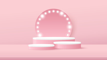 Wall Mural - Podium platform to show product with circle backdrop with light sign and spotlight on pink background. Vector illustration