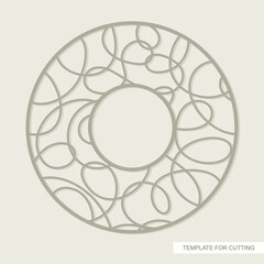 Wall Mural - Round frame with pattern of chaotic lines. Abstract geometric ornament from loops, waves, swirls. Template for plotter laser cutting of paper, metal engraving, wood carving, cnc. Vector illustration.