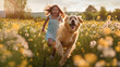 © Casther - Young girl and her Golden Retriever run freely through a vast field of blooming flowers, basking in the warmth of a spring day. Generative AI