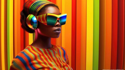 Young african female model wearing VR posing with trendy fashion outfit and colorful orange optical art abstract background. Picturesque generative AI