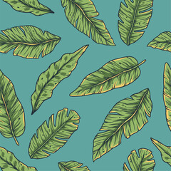 Wall Mural - Tropical exotic green plants and leaves wallpaper. Seamless pattern with summer tropical palm foliage