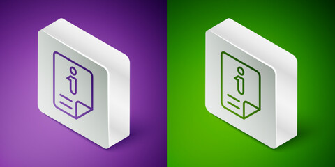 Poster - Isometric line Information icon isolated on purple and green background. Silver square button. Vector
