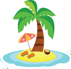 Summer flat vector illustration. Tropical island with palm tree, slippers, flip flops, coconut and umbrella. 