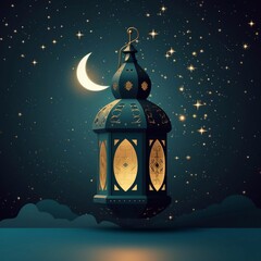 Wall Mural - Ornamental Arabic lantern with burning glowing at night invitation for Muslim holy month Ramadan Kareem