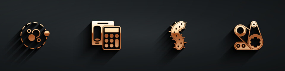 Set Atom, Calculator, Virus and Timing belt kit icon with long shadow. Vector