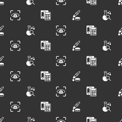 Poster - Set Pipette, Test tube, Eye scan and Calculator on seamless pattern. Vector