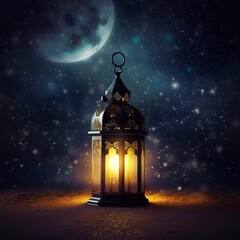 Wall Mural - Ornamental Arabic lantern with burning candle glowing at night invitation for Muslim holy month Ramadan Kareem