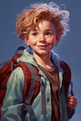 Wall Mural - A painting of a young boy with a backpack. Generative AI. Back to school creative illustration.