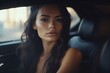 © Maximilian - Shot of a AI-generated non-existing woman siting in a car wearing a black dress
