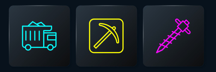 Sticker - Set line Mining dump truck, Construction jackhammer and Pickaxe. Black square button. Vector