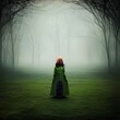 Woman with Green Raincoat Looking and Admiring to the Forest, Generative AI