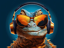 Music Dj Lizard With Sunglasses And Headphones On Blue Background- Generative AI