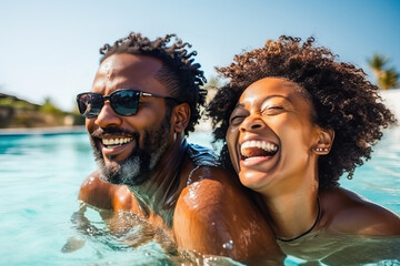 A afro American man and a woman swimming in a pool