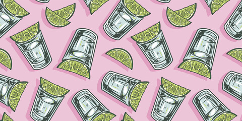 Wall Mural - Seamless pattern wallpaper of cocktail with tequila and lime for bar alcohol menu design