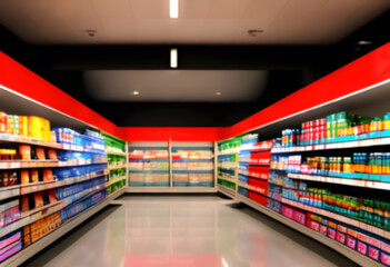 Wall Mural - Blurred Background Abstract Bokeh Shelving unit in Shopping store supermarket look at the lights ..