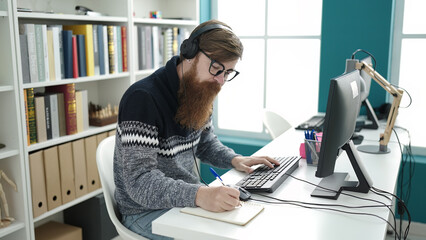 Poster - Young redhead man student using computer and headphones writing on notebook at library university