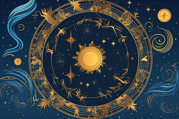 Wall Mural - magic banner for astrology, magic divination, cosmic device, crescent moon and sun with moon on blue background, mystical vector illustration, pattern