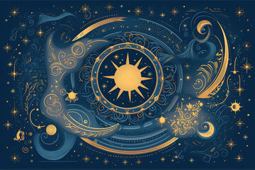 Wall Mural - magic banner for astrology, magic divination, cosmic device, crescent moon and sun with moon on blue background, mystical vector illustration, pattern