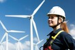 A proud, confident female engineer stands in front of a wind turbine field, sustainable energy, industry, technological advancement, and environmental stewardship, generative ai