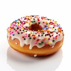 A delicious donut with icing and sprinkle isolated on white background. Generative AI.