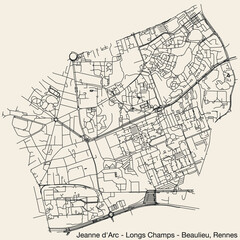 Wall Mural - Detailed hand-drawn navigational urban street roads map of the EANNE D'ARC - LONGS-CHAMPS - ATALANTE BEAULIEU QUARTER of the French city of RENNES, France with vivid road lines and name tag on solid b