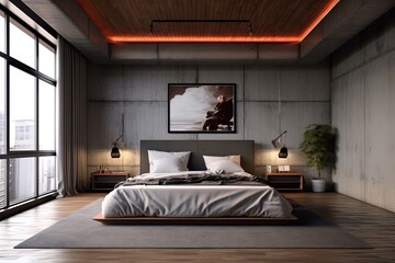 Wall Mural - AI generated wide angle view of minimalist contemporary bedroom