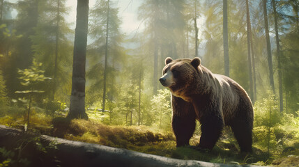 animal power - creative and wonderful colored full-body picture of a bear in the forest at noon in s