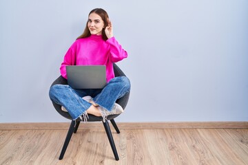 Poster - Young hispanic girl working using computer laptop smiling with hand over ear listening an hearing to rumor or gossip. deafness concept.