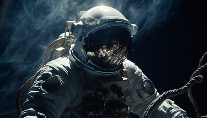 Wall Mural - The astronaut, armed with futuristic equipment, explores the underwater nebula generated by AI