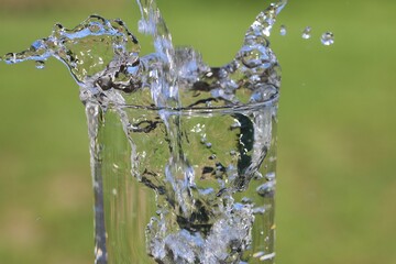 Wall Mural - close up of hard Rain is falling in a glass full of water in the garden