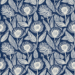 Wall Mural - Masculine indigo floral blockprint linen seamless pattern. All over print of navy blue cotton effect flower linocut fabric background.