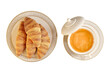clipping paths,top view croissants on plate isolated on white background with hot tea drink,bread ready for breakfast.