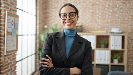 Sticker - Young beautiful hispanic woman business worker smiling confident with crossed arms at office