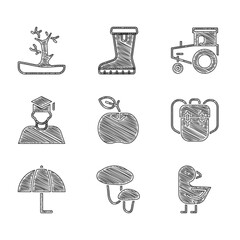 Wall Mural - Set Apple, Mushroom, Little chick, School backpack, Umbrella, Graduate and graduation cap, Tractor and Bare tree icon. Vector