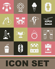 Poster - Set Ticket box office, Circus curtain raises, Drum with drum sticks, Ice cream waffle cone, Castle, Vintage bicycle, Attraction carousel and Hot air balloon icon. Vector