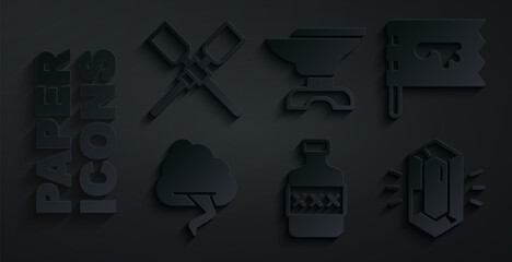 Sticker - Set Whiskey bottle, Viking flag, Cloud and lightning, Gem stone, Anvil for blacksmithing and Oars paddles boat icon. Vector