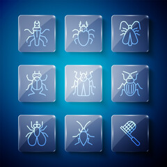 Poster - Set line Insect fly, Cockroach, Butterfly net, Clothes moth, Beetle bug, Termite and Chafer beetle icon. Vector