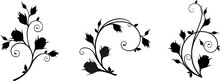 Black Silhouettes Of Branches With Rosebuds And Leaves Isolated On A White Background. Floral Decorative Elements With Rosebuds. Set Of Vector Illustrations